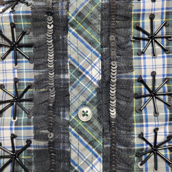 J. Crew Embellished Sequin Button Up Tartan Plaid Top Forest Green Cotton Medium - Picture 6 of 11